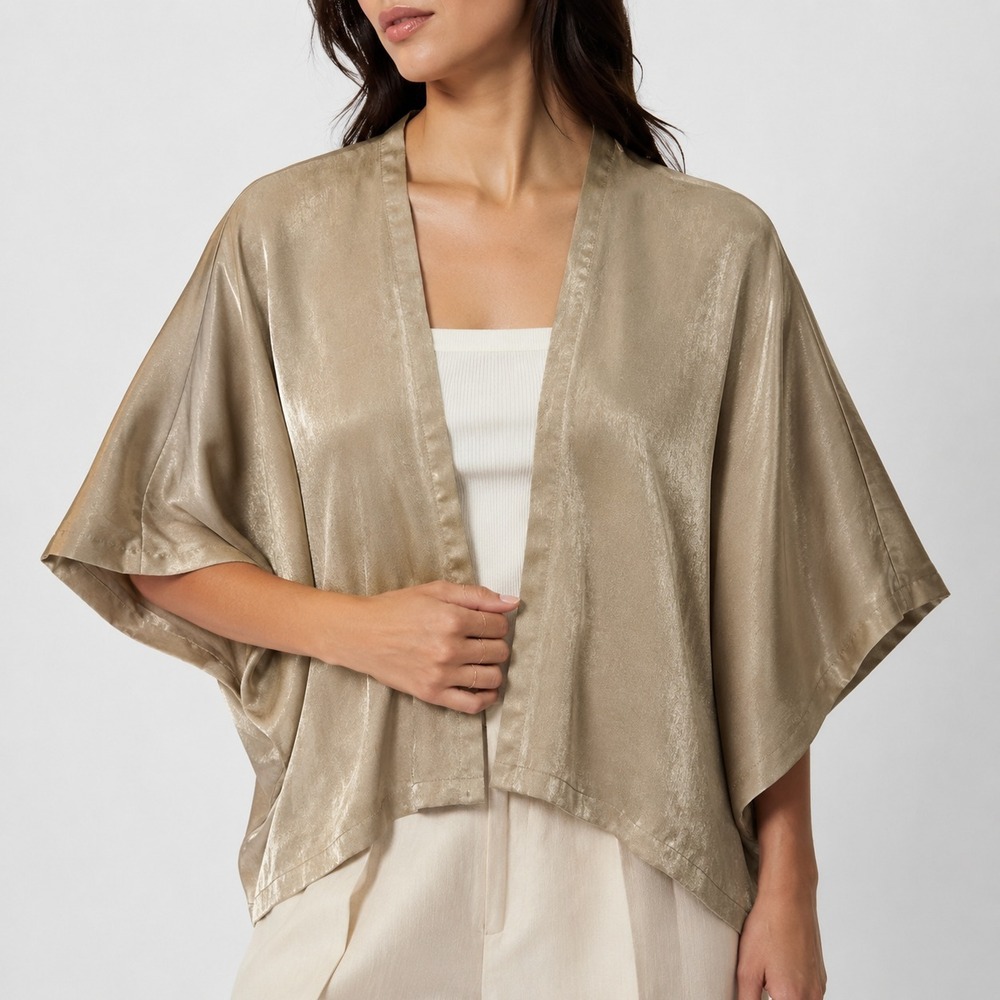 Cezanne Open-Front Kimono Women's One Size Beige Shimmer Satin Dolman Sleeve